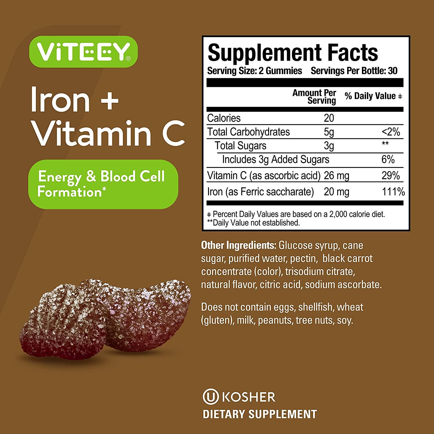Iron Gummies 20mg + Vitamin C 26mg for Iron Deficiency and Anemia