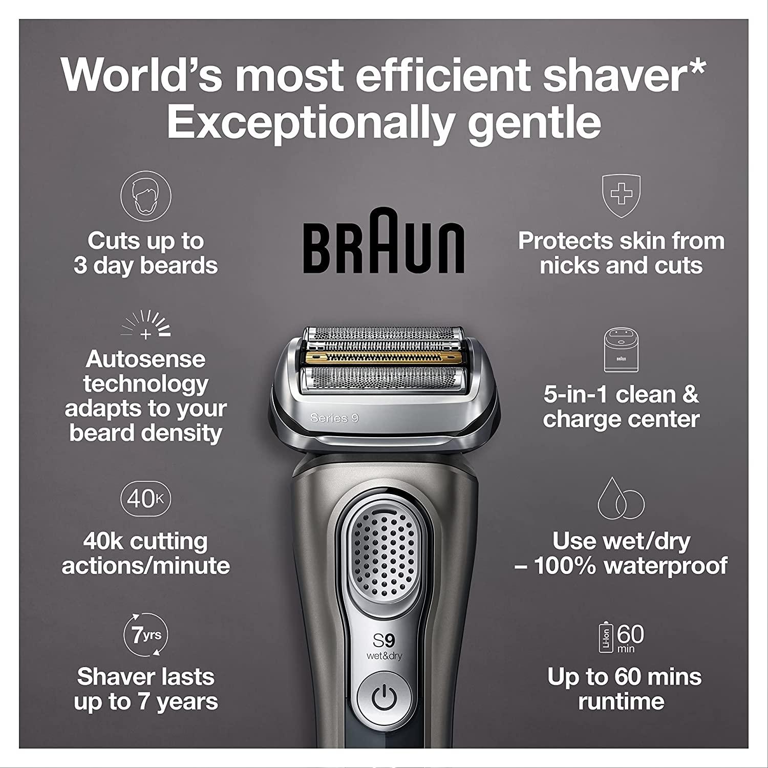 Braun Series 9 9385cc Latest Generation Electric Shaver, Rechargeable &  Cordless Electric Razor for Men, with Clean&Charge Station & Leather Travel