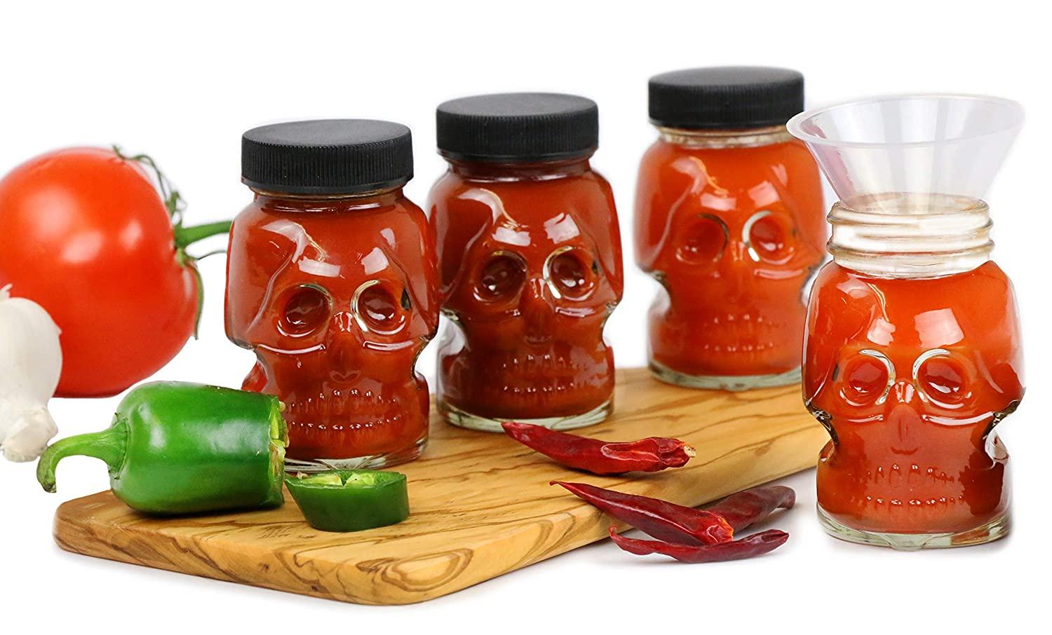 Thoughtfully Gourmet DIY Hot Sauce Set Hot Sauce Making Kit Includes 4  Skull Shaped Reusable Glass Jars 2 Funnels Seasonings Gloves and Recipe  Book to Make Your Own Hot Sauce