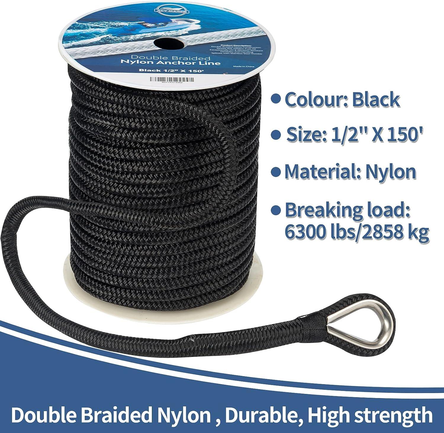 Double Braided Nylon Anchor Line with Stainless Thimble Black 1/2