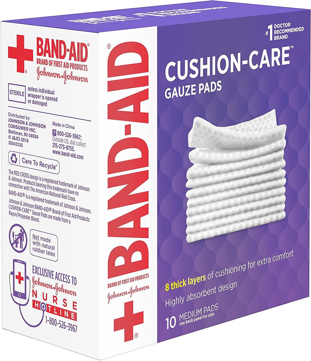 BandAid Brand Cushion Care NonStick Gauze Pads, IndividuallyWrapped, Medium, 3 in x 3 in, 10 ct