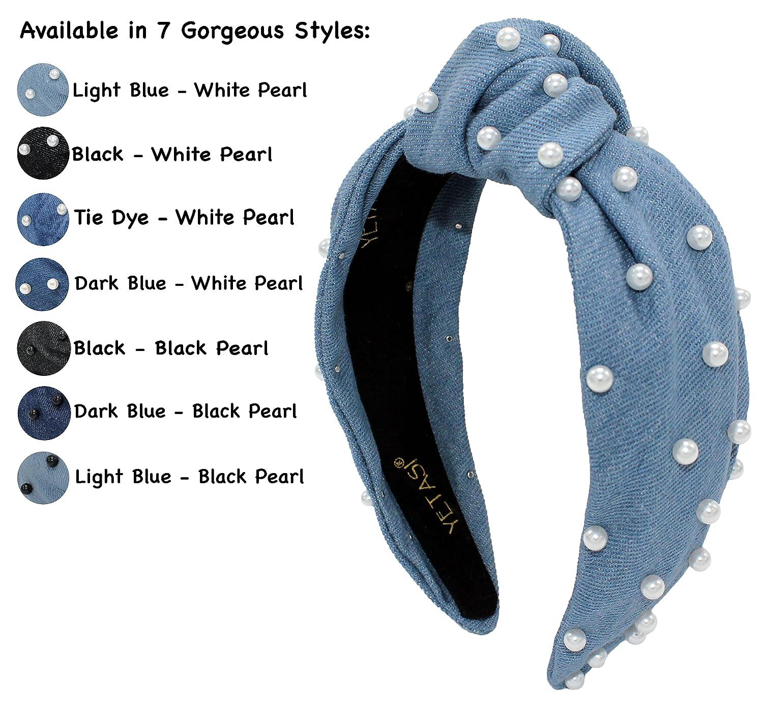 YETASI Blue Headband is Classy. Denim Pearl Knotted Headband for
