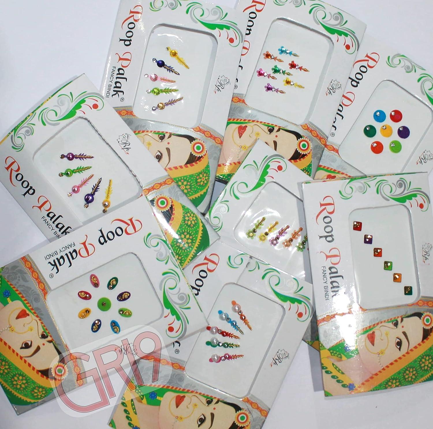 GRI9 12pc Multicolored Forehead Indian Reusable Bindi with Crystals
