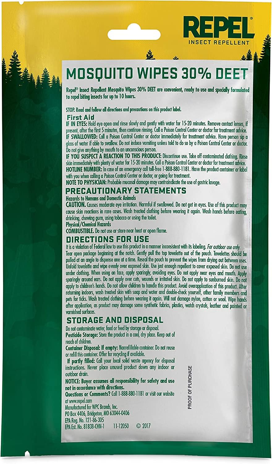 Repel Insect Repellent Mosquito Wipes, Repels Mosquitoes, Ticks, Gnats