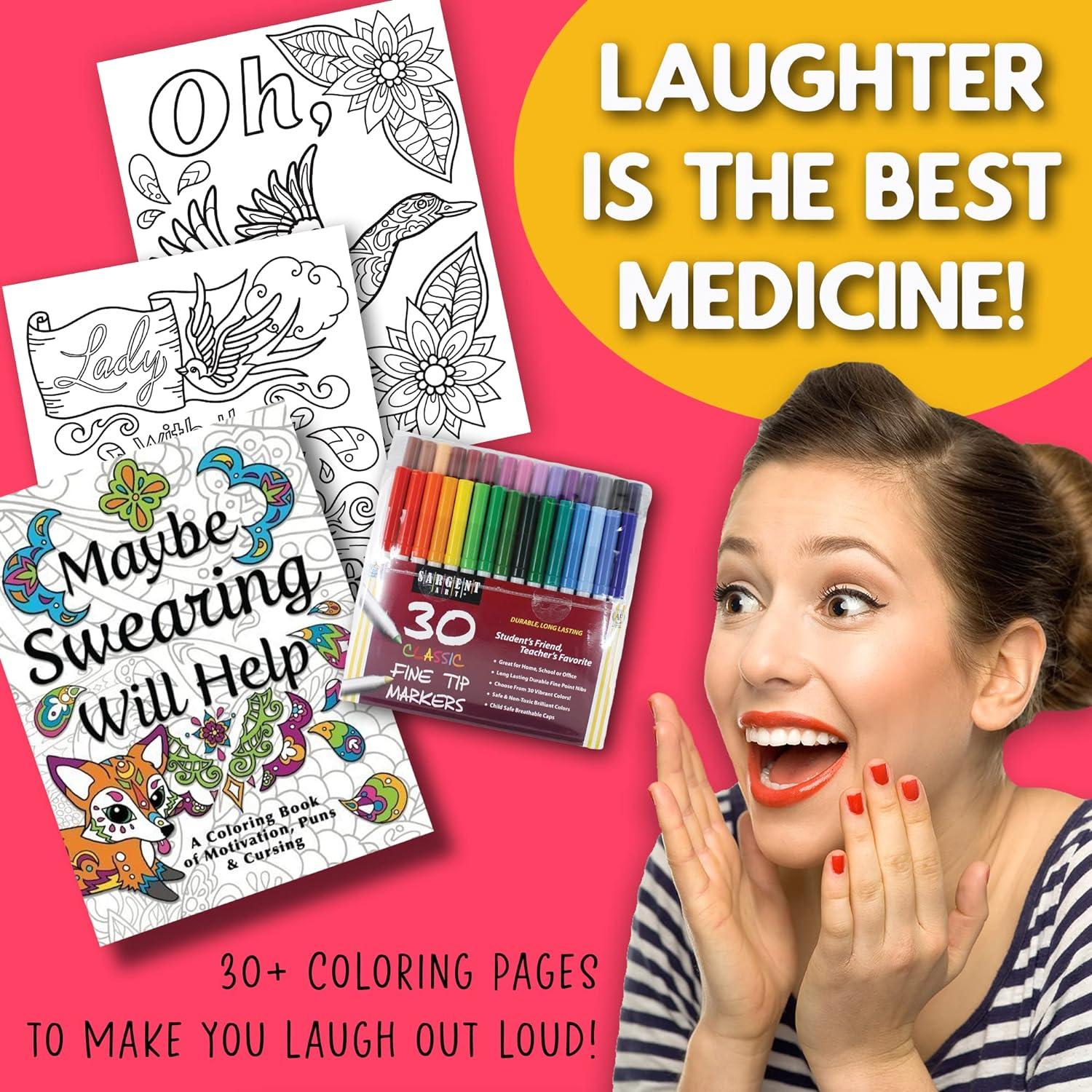 Maybe Swearing Will Help Adult Coloring Book Set - Coloring Books for Adults  Relaxation with 30 Markers in a Case - Motivational Swear Word Anxiety  Relief - Color Cuss & Laugh Your