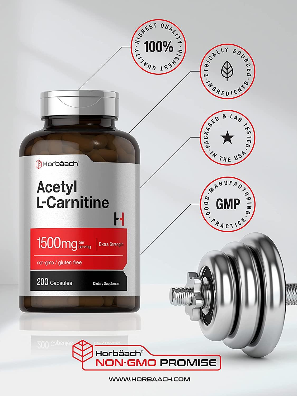 Acetyl L-Carnitine 1500mg 200 Capsules | Non-GMO & Gluten Free | Horbaach |  Buy Now with Express International Delivery