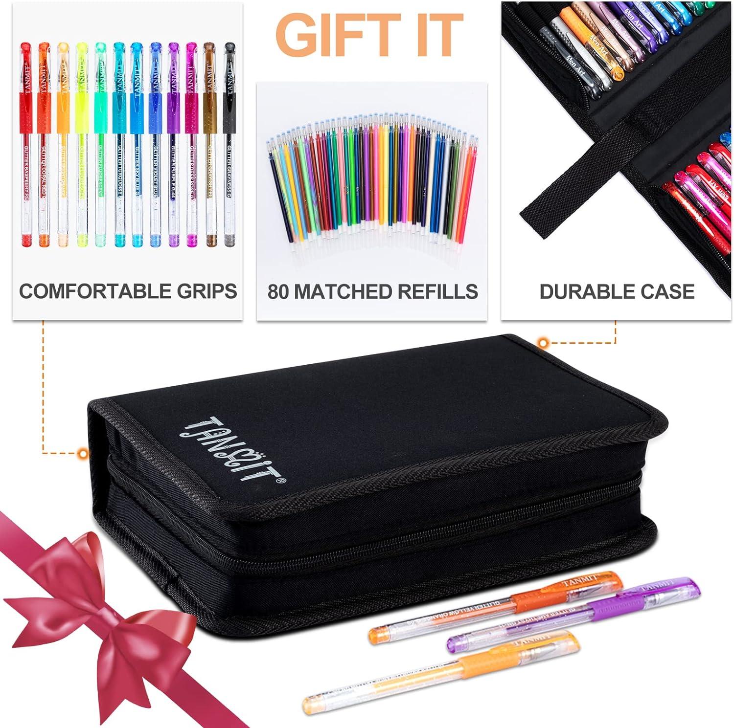 TANMIT Glitter Gel Pens, Glitter Pen with Case for Adults Coloring Books,  160 Pack Artist Colored Gel Markers with 40% More Ink for Drawing