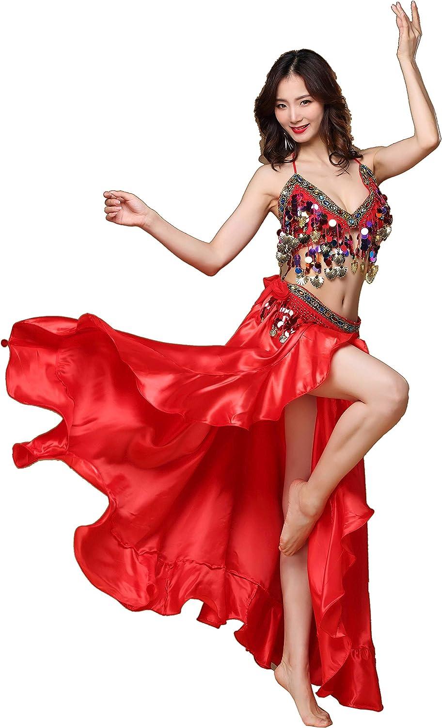 MUNAFIE Hot Red Satin Belly Dance Skirt - Long Split Side Skirt
