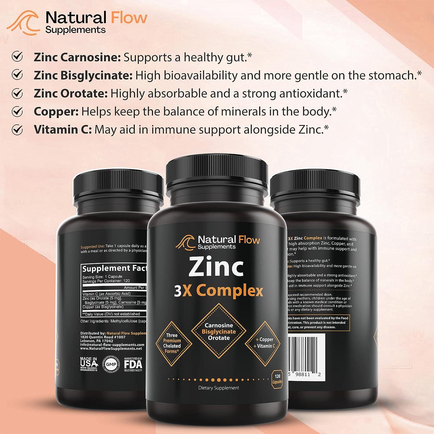 Zinc Supplement Complex with Copper and Vitamin C Natural Flow 3X