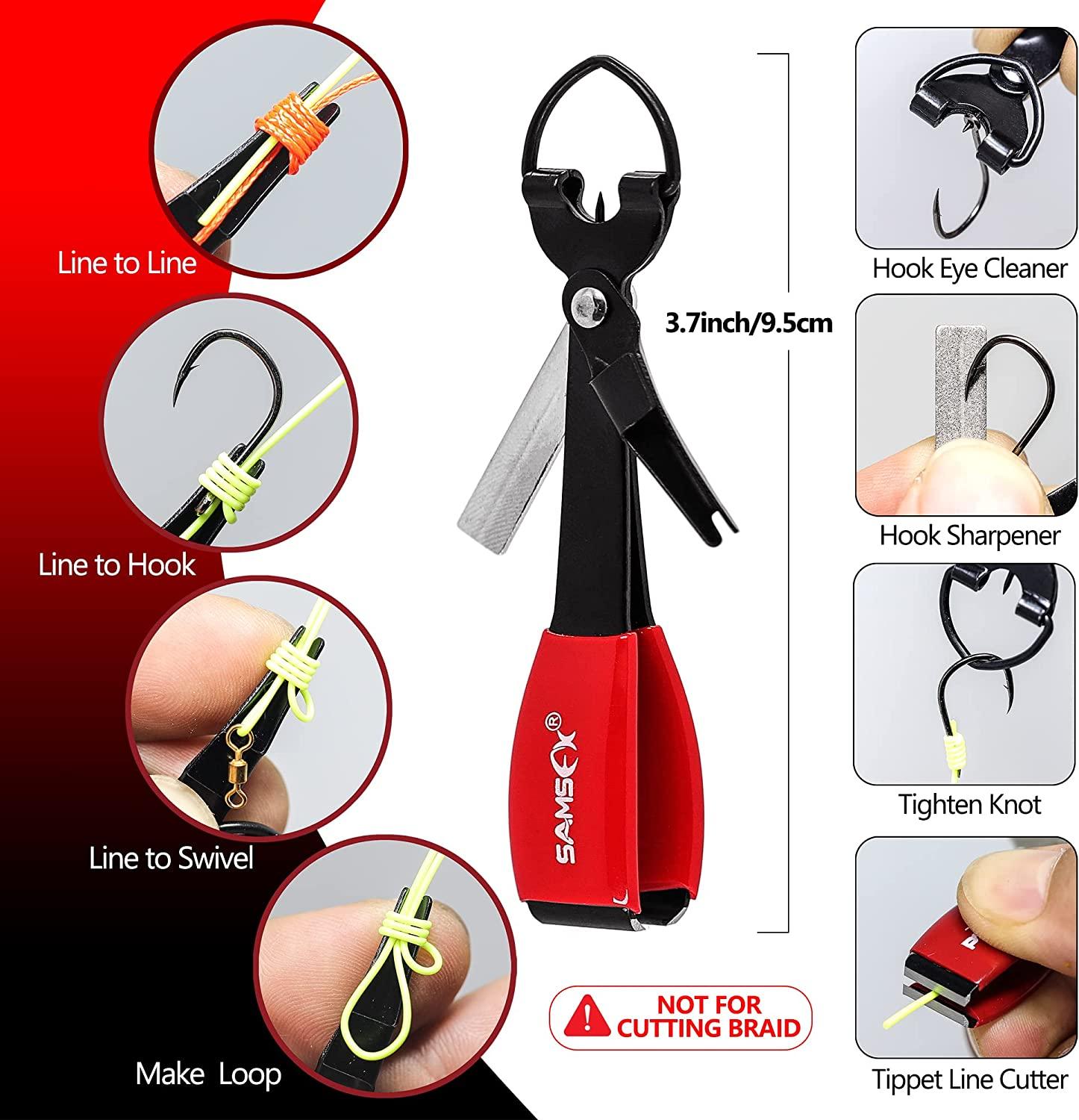 SAMSFX Fly Fishing Knot Tying Tools Quick Knot Tool for Fishing Hooks,  Lures, Flies, Trout Line Backing, Come with Zinger Retractors 2sets Black Knot  Tool(Red Grip) & Carabiner Zinger