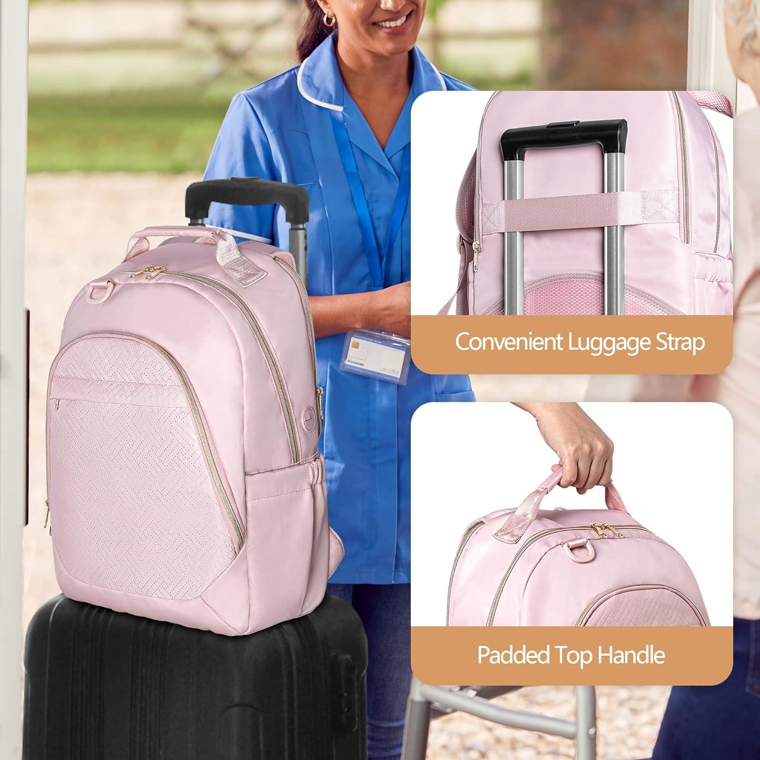 Fasrom Nurse Bag Backpack for Women Pink Home Health Clinical Bag with Laptop Compartment USB Charging Hole Ideal for Nursing Staff Medical Assistants Empty Bag Only