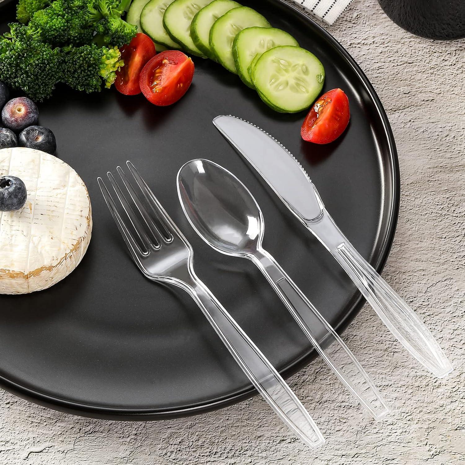 Pre Rolled Silverware Set Disposable 100-Piece Disposable Plastic Cutlery Set - Forks, Knives, Spoons In White, Black & Clear - Reusable & Perfect For Parties Plastic Forks Silver - Foto 12