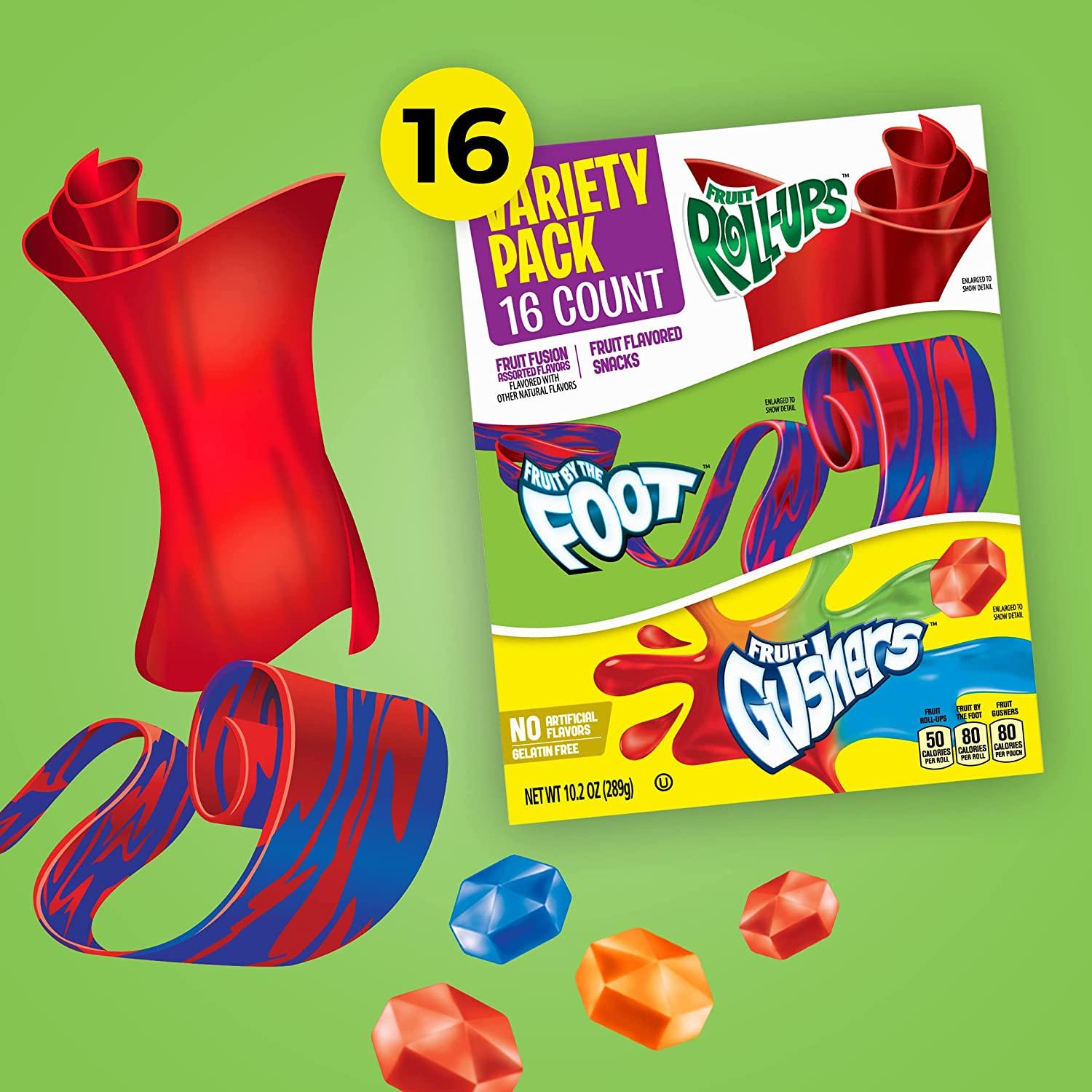Fruit RollUps, Fruit by the Foot, Gushers, Snacks Variety Pack, 16 ct