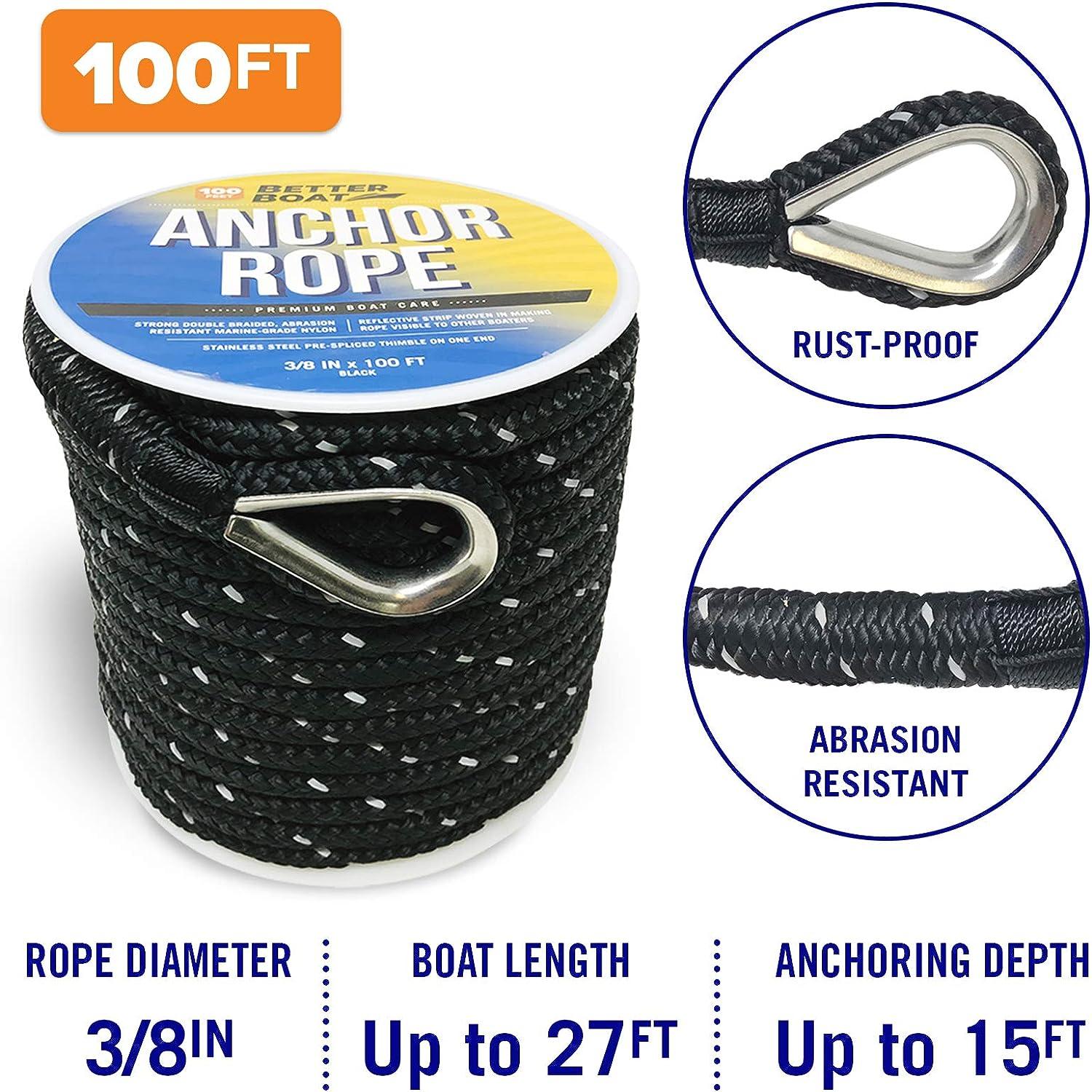 Premium Boat Anchor Rope 100 Ft Double Braided Boat Anchor Line Blue Nylon Marine Rope Braided 3/8 Anchor Rope Reel for Many Anchors & Boats 3/8