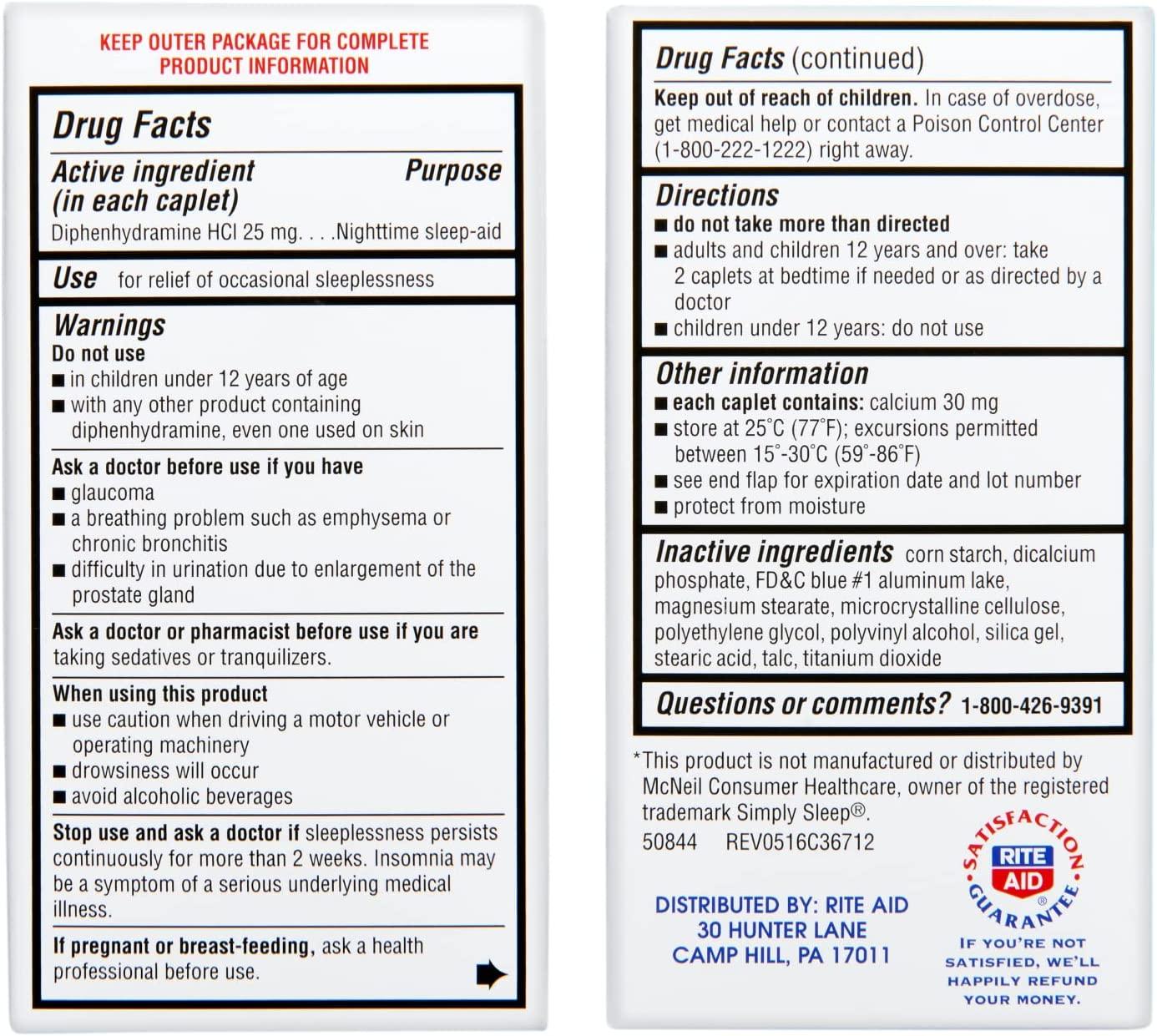 Rite Aid Nighttime Sleep Aid 25mg Diphenhydramine HCI 100 Mini Caplets