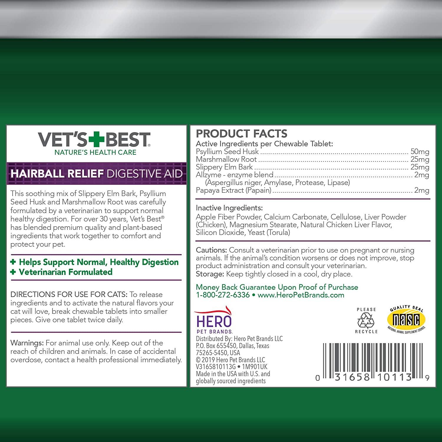 Vet's Best Cat Hairball Relief Digestive Aid Chicken Flavor 60 Tablets
