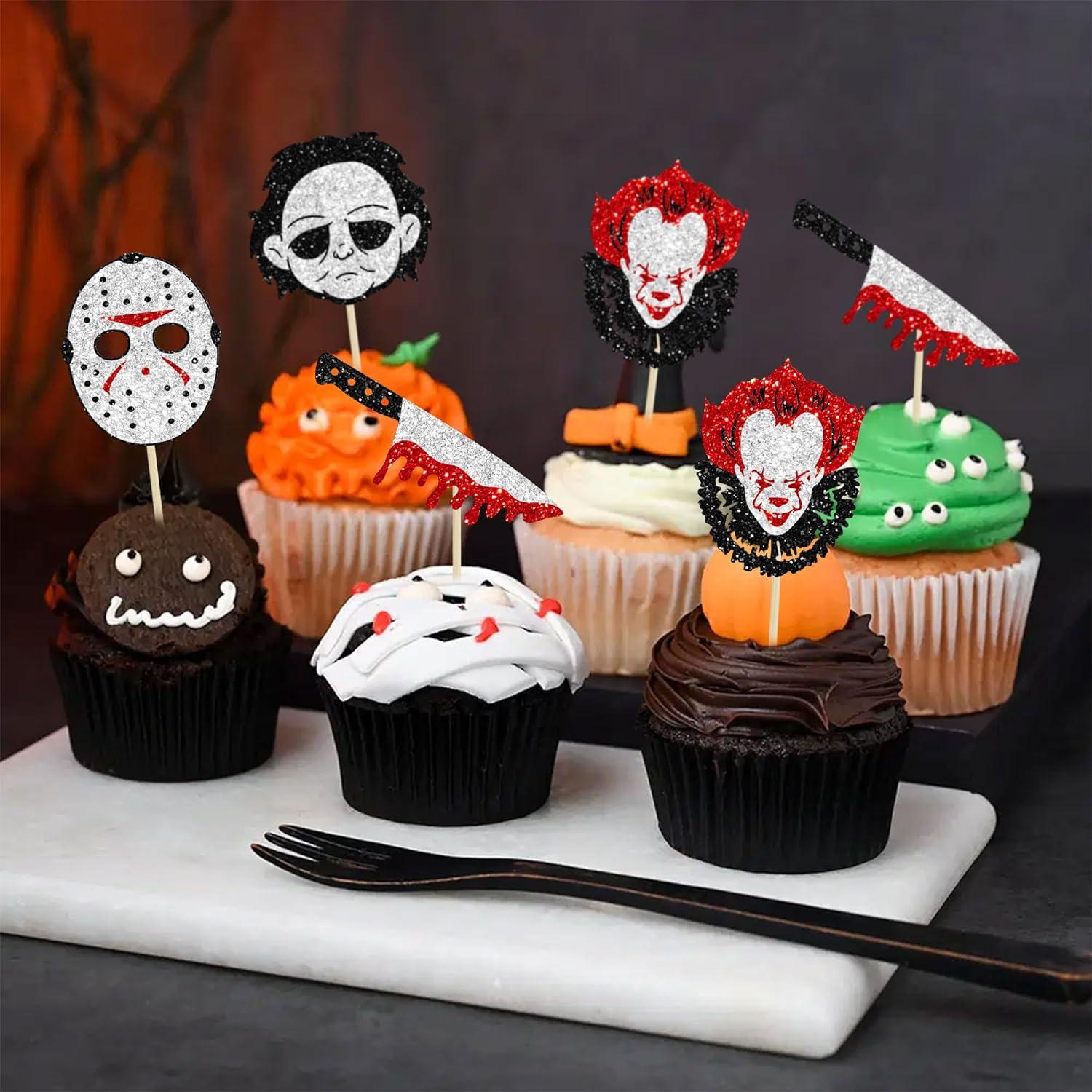 24Pcs Horror Movie Cupcake Toppers Glitter Bloody Knife Killer Birthday