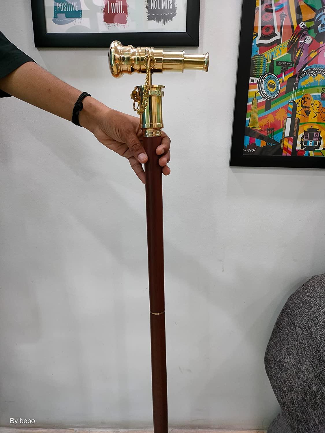 Victorian Walking Cane with Telescope Brass Handle Foldable Nautical Wooden Walking  Stick Ideal Unisex