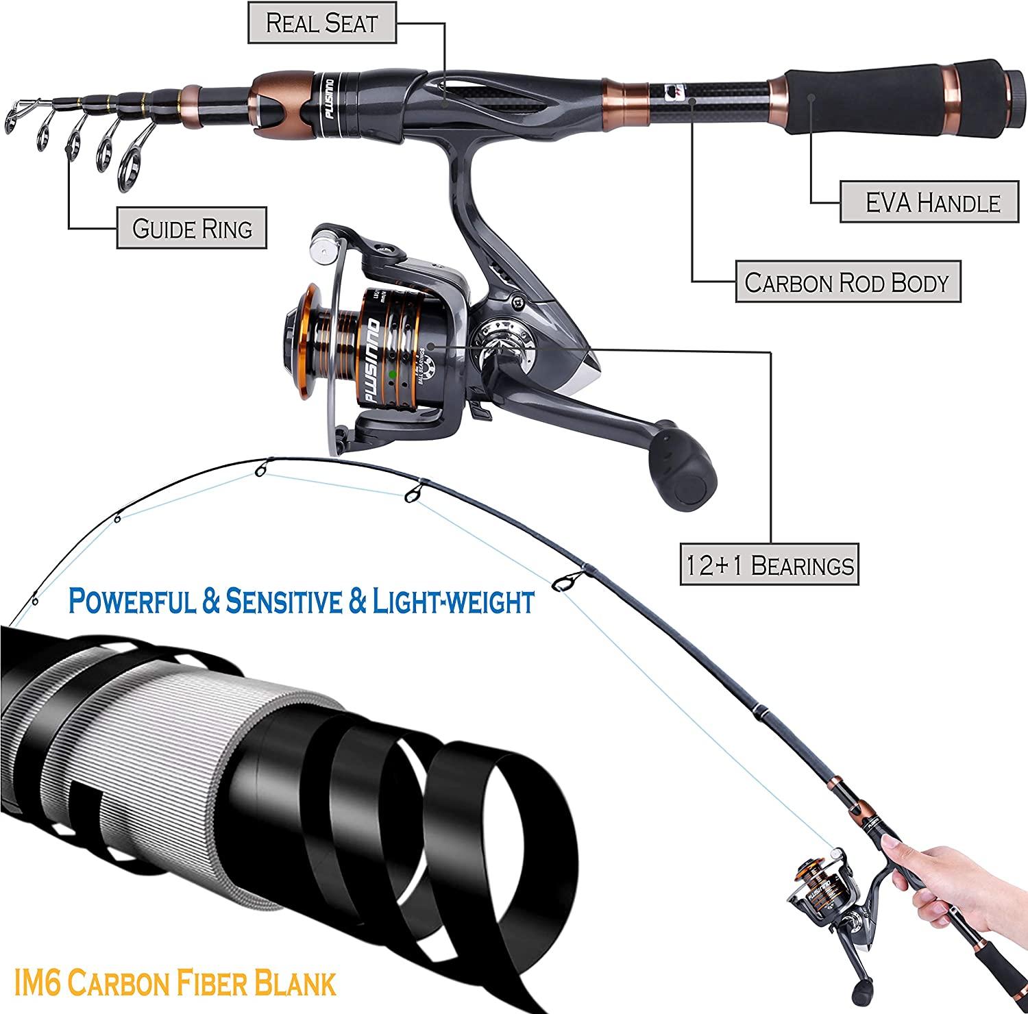 PLUSINNO Fishing Rod and Reel Combos, Bronze Warrior Toray 24-Ton Carbon Matrix Telescopic Fishing Rod Pole, 12 +1 Shielded Stainless Steel BB Spinning Reel, Fishing Gear Fishing rod+reel(No Lure