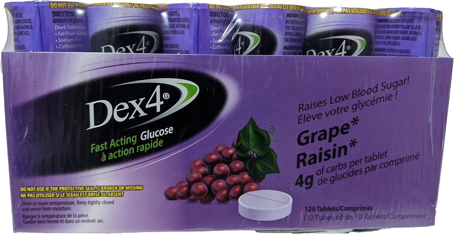 Dex4 Glucose Tablets Grape 12Pack of Dex4 Tubes 10 Tablets in Each