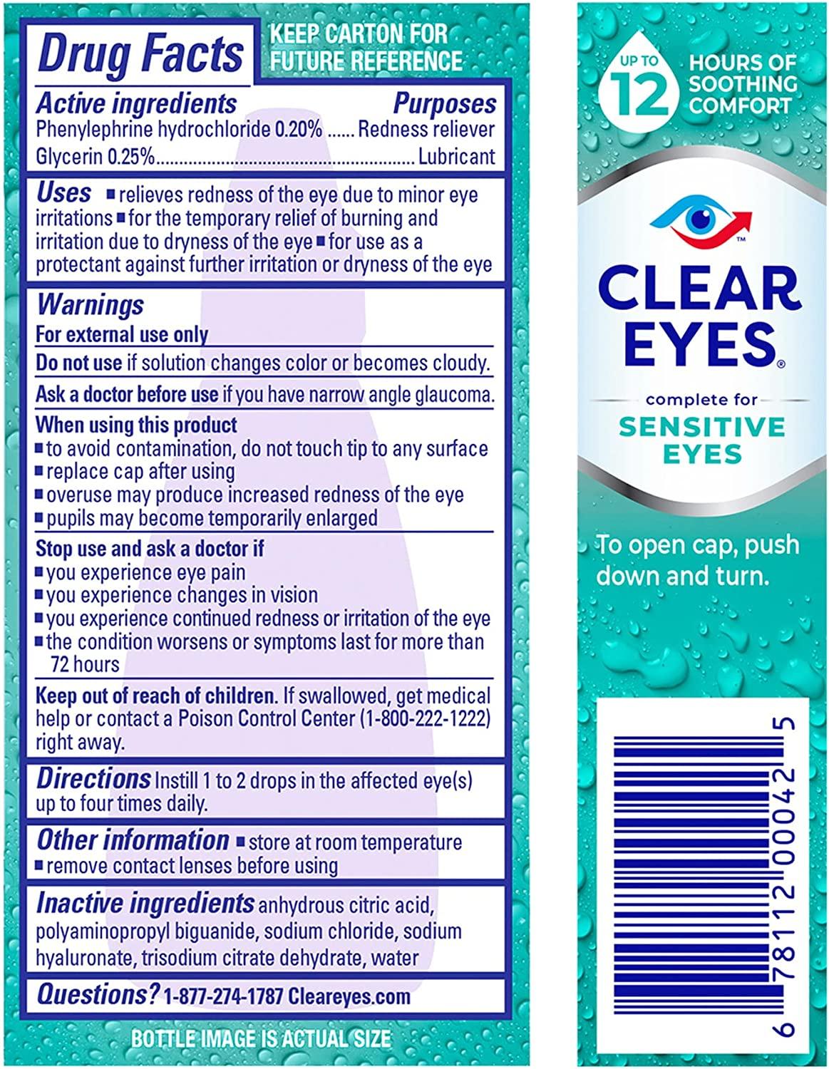 Clear Eyes Sensitive Eyes Eye Drops 0.5 Oz 2 Pack Soothes