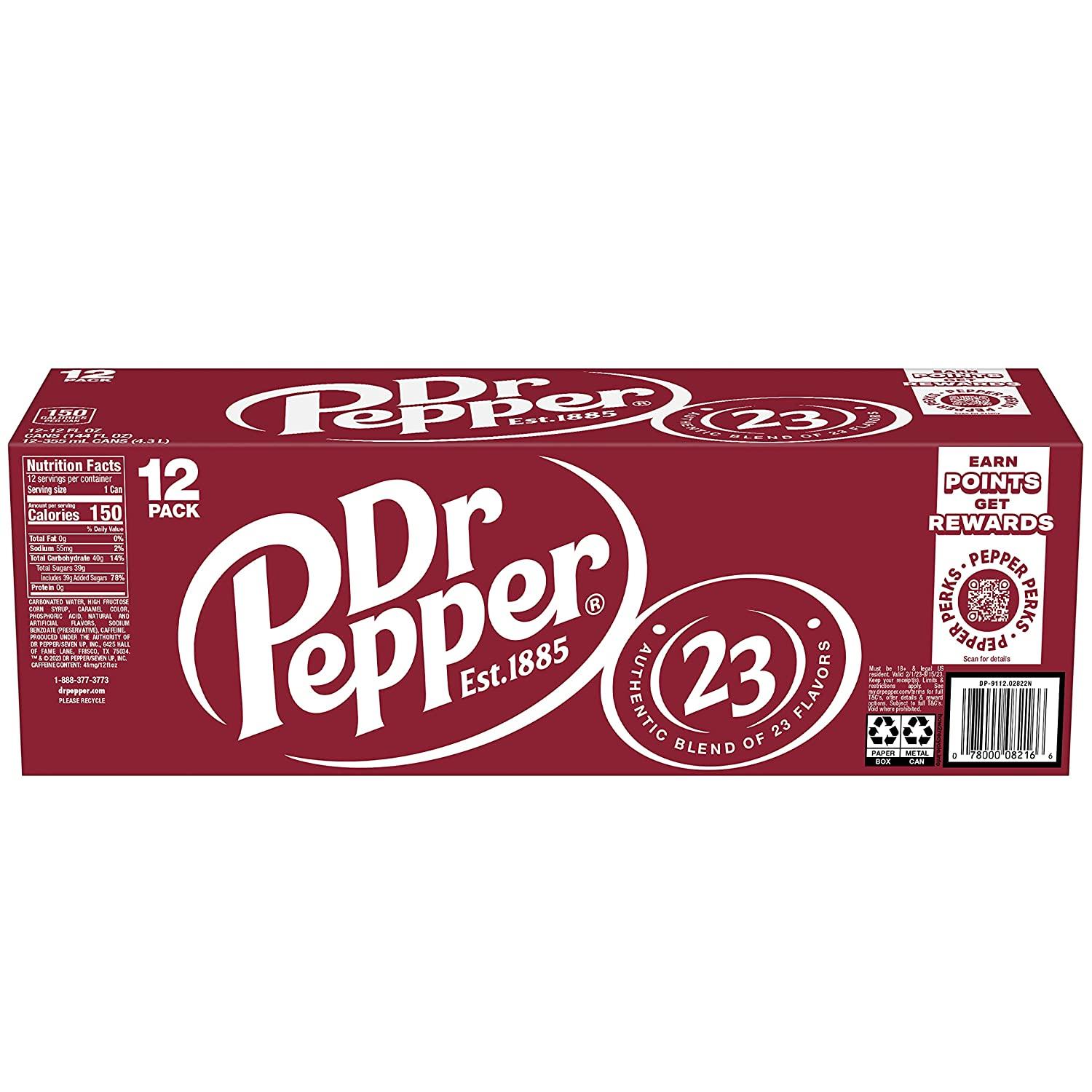 Dr Pepper Soda 12 fl oz Cans 12 Pack Original Refreshing Beverage
