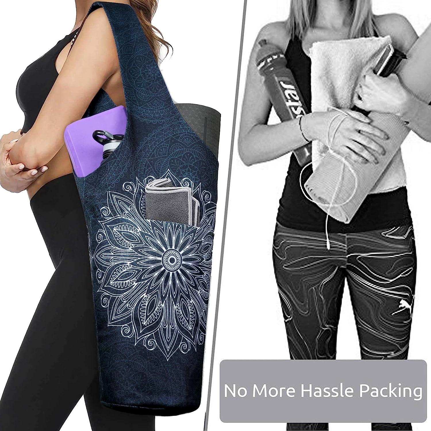 Fashion Printed Yoga Mat Bag with Large Side Pocket & Zipper Pocket Long Tote  Yoga Bag Fit Most Size Mats - Holds More Yoga Accessories Mandala Black  37x15.5