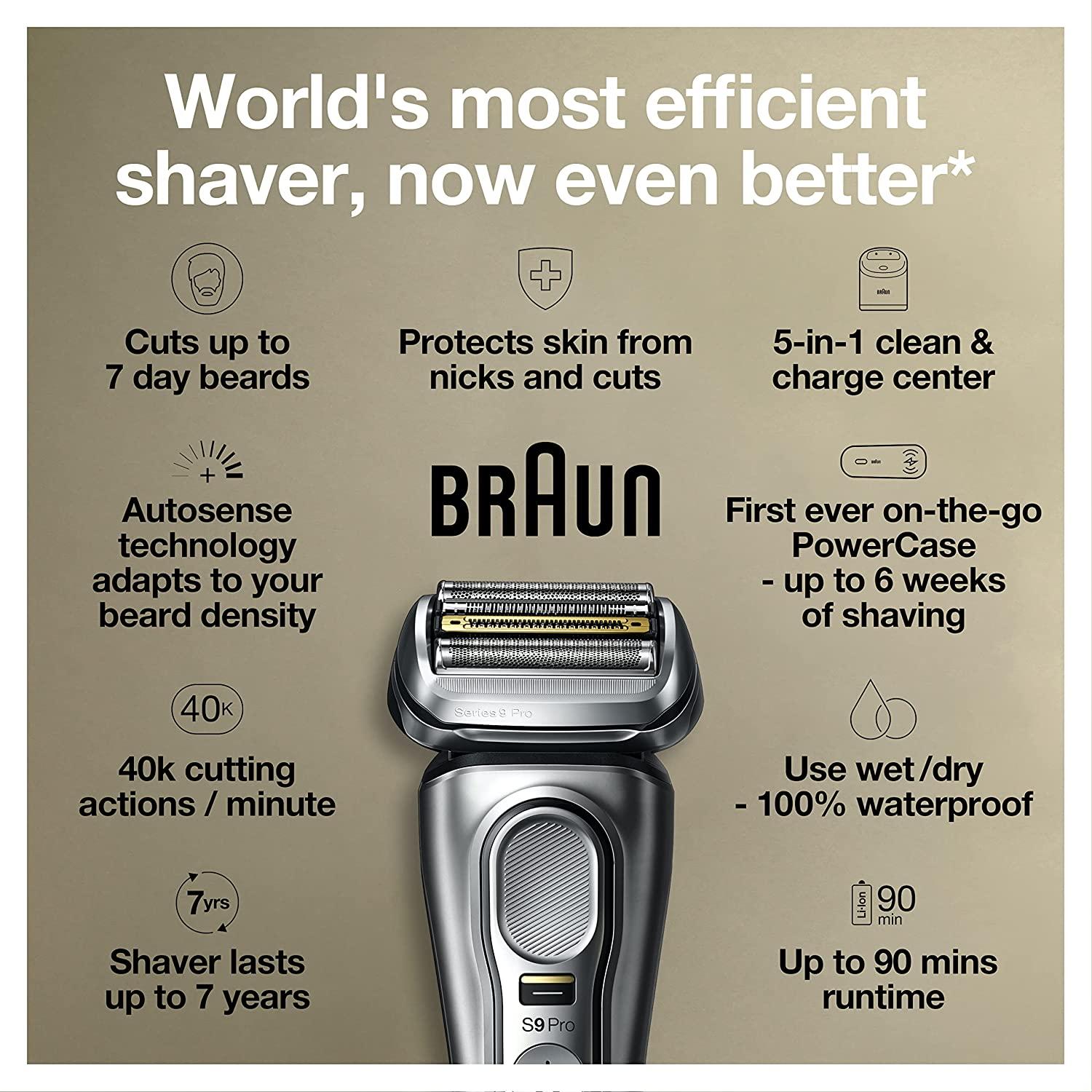 Braun Electric Razor for Men, Waterproof Foil Shaver, Series 9 Pro 9477cc,  Wet & Dry Shave, with Portable Charging Case, ProLift Beard Trimmer, 5-in-1  Cleaning & Charging SmartCare Center, Silver .9477cc