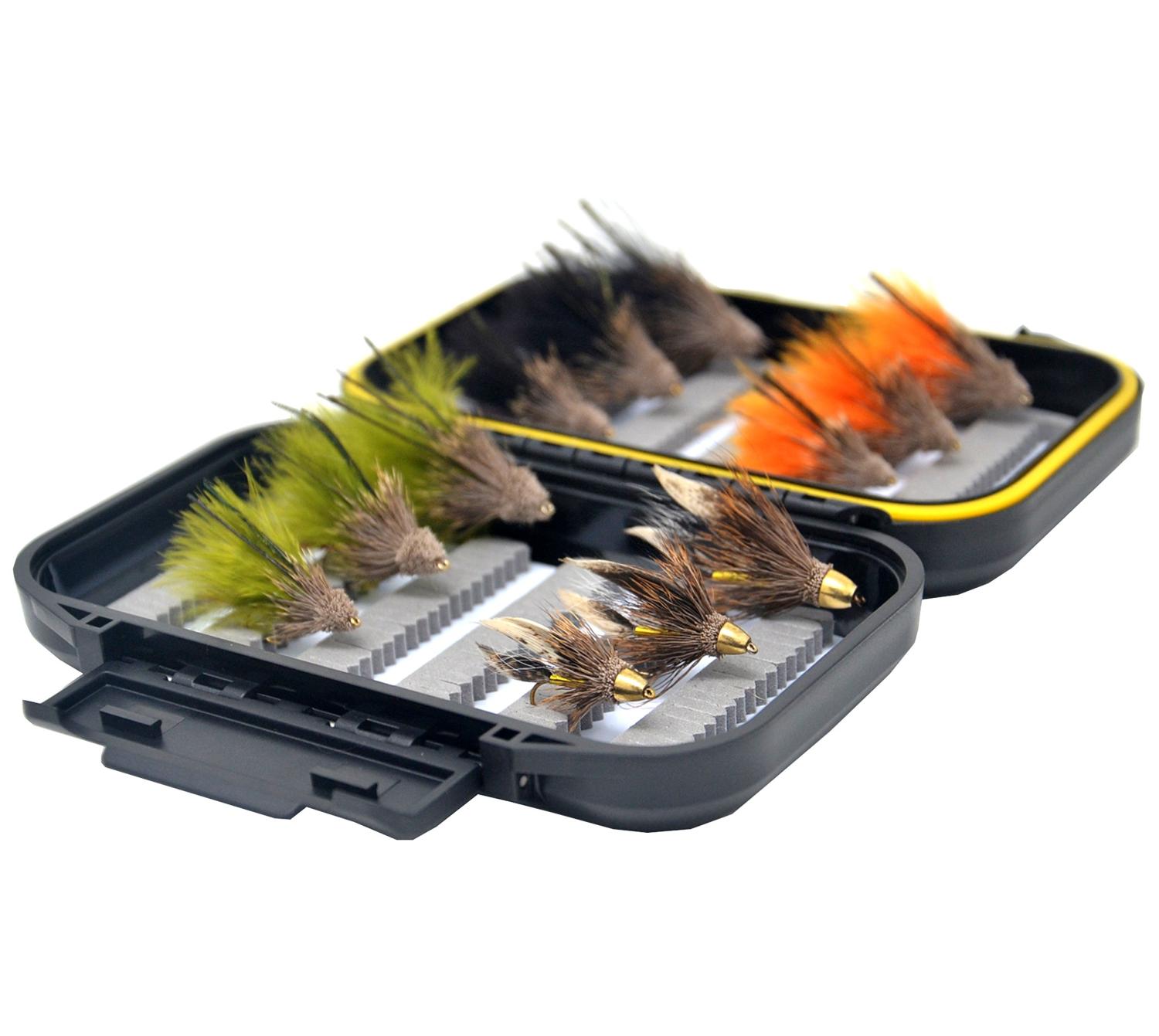Outdoor Planet Go-to Dry Fly, Wet Fly, Nymph and Streamer Fly Lure  Assotment + Waterproof Fly Box for Trout Fly Fishing Flies 12 Muddler  Minnow + Black Waterproof Box