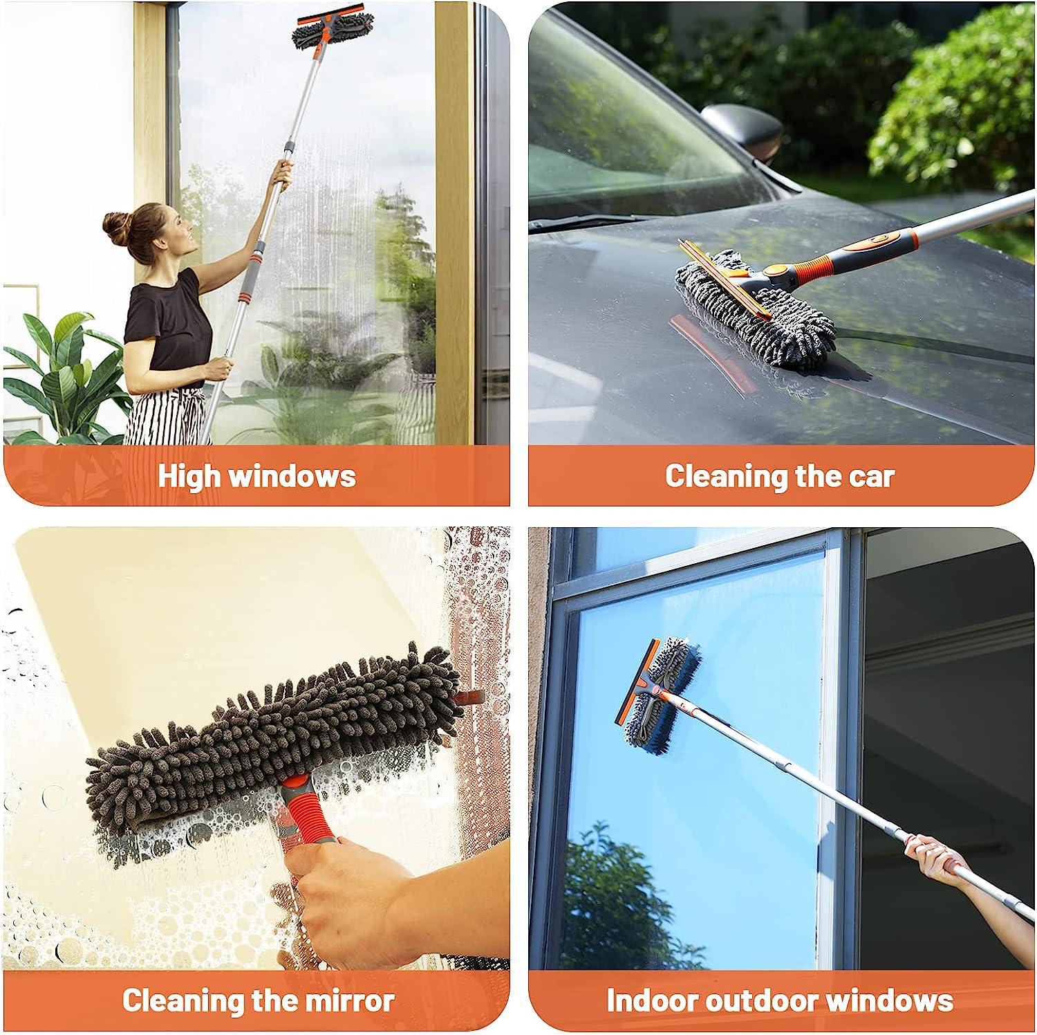 eazer Squeegee Window Cleaner 2 in 1 Rotatable Window Cleaning Tool Kit  with Elbow/Straight Extension Pole, 62 Window Washing Equipment with  Bendable Head for Indoor/Outdoor Car Glass