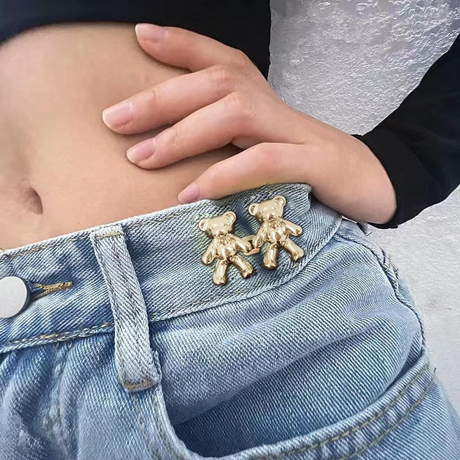 Bear Button Pins for Jean,Jean Buttons for Loose Jeans,No Sew Button  Extenders for Jeans,Easy to Instant Reduce Too Loose Pants Waist,2  Sets(Gold)