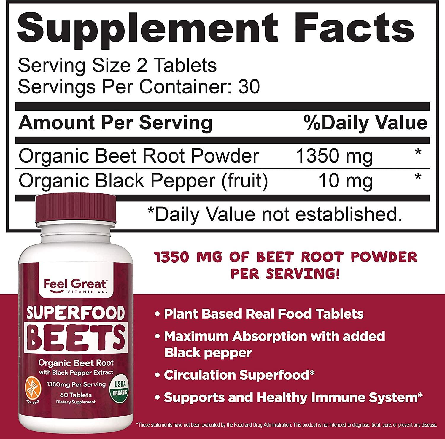 Organic Beet Root Tablets by Feel Great Vitamin Co. | Nitric Oxide ...
