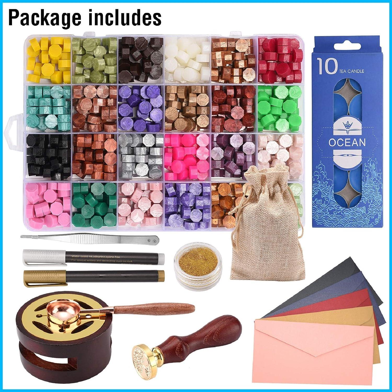 Wax Seal Kit with Gift Box, 808Pcs Sealing Wax Kit with 24 Colors Wax Seal  Bead, Wax Seal Stamp, Sealing Wax Warmer, Envelope, Seal Metallic Pen for