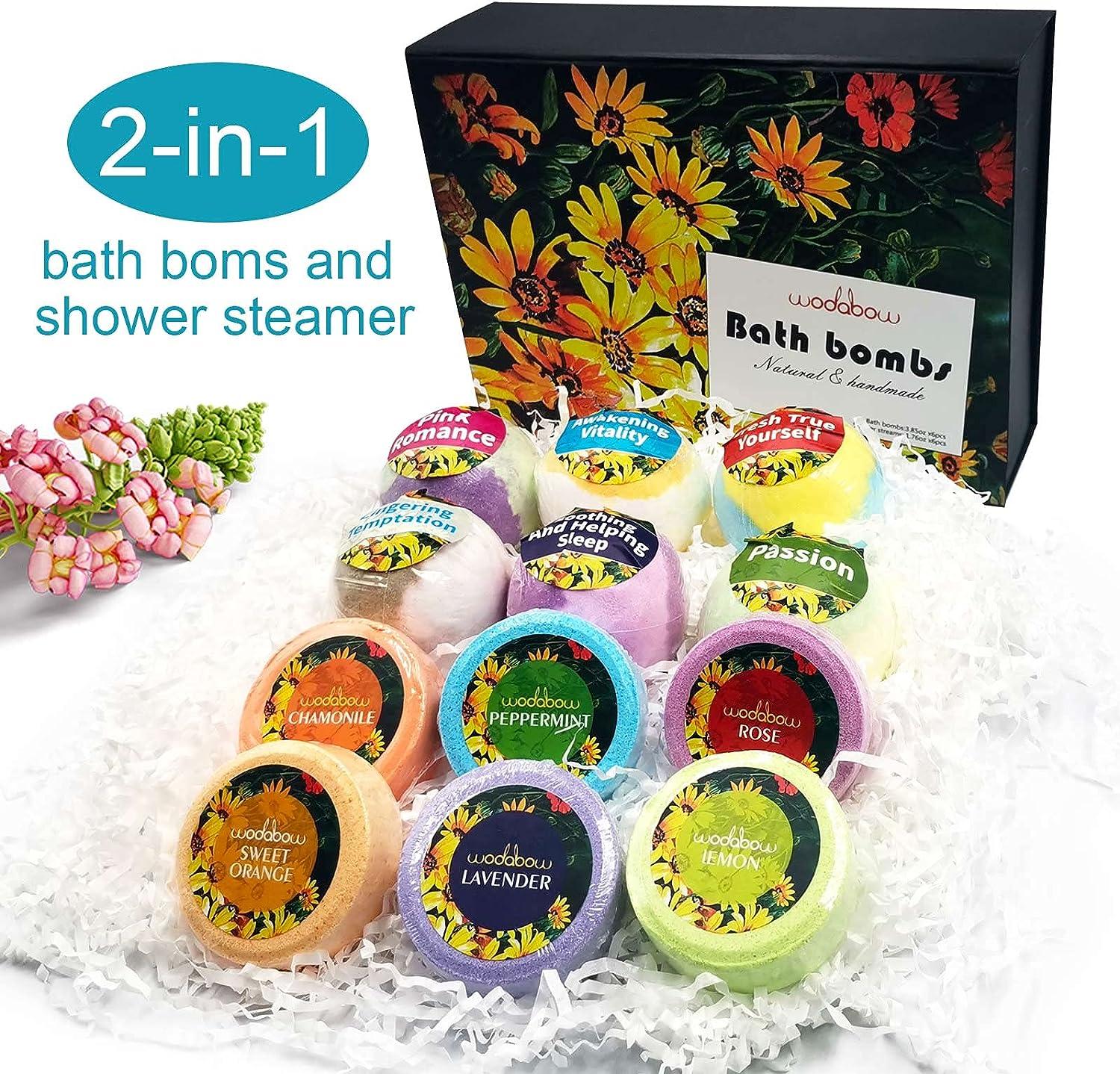 12Piece Bath Bombs and Shower Steamer Combo Gift Set with Natural