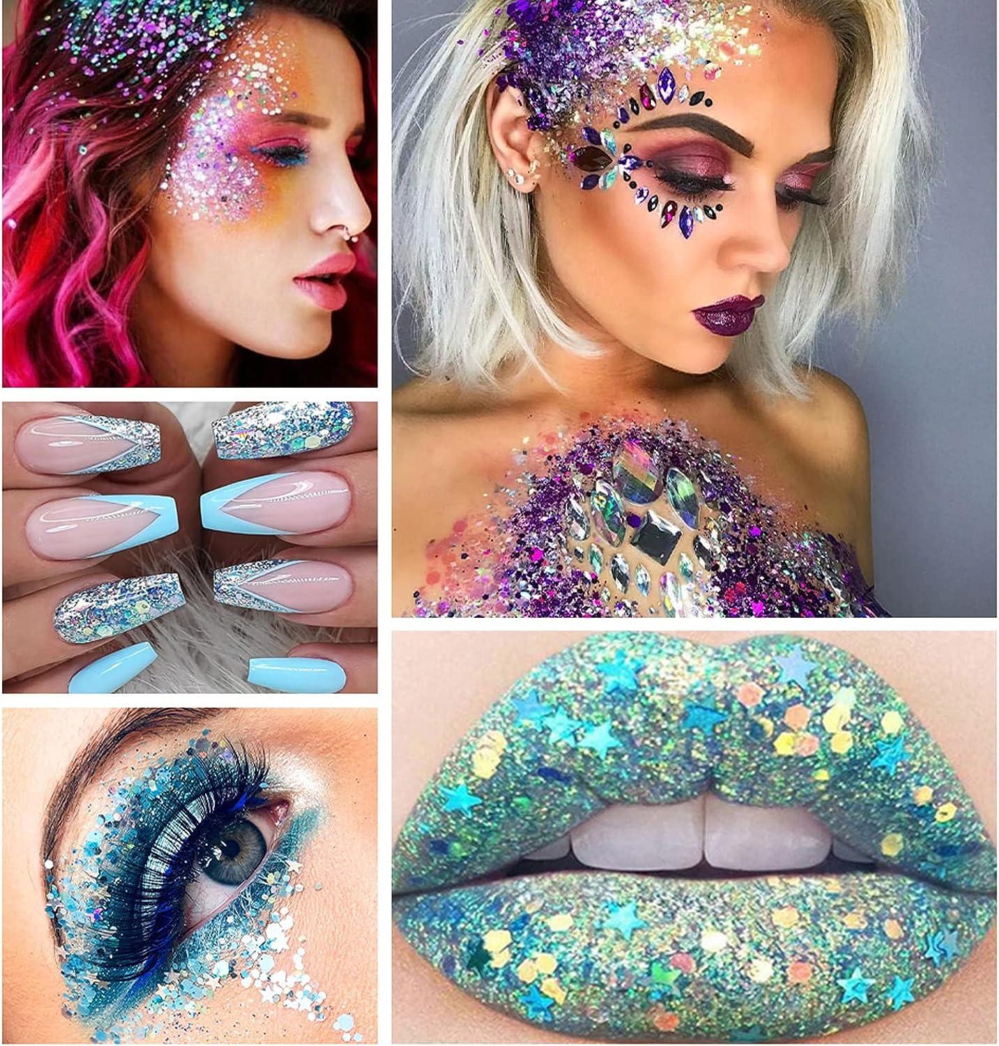 Body Glitter Holographic Glitter Liquid for Festival Make Up,Face Glitter  Sequins Chunky for Hair and Eyeshadow Long-Lasting No Glue Needed and Easy