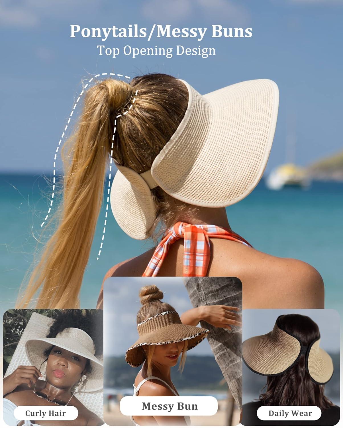 FURTALK Sun Visor Hats for Women Wide Brim Straw Roll Up Ponytail