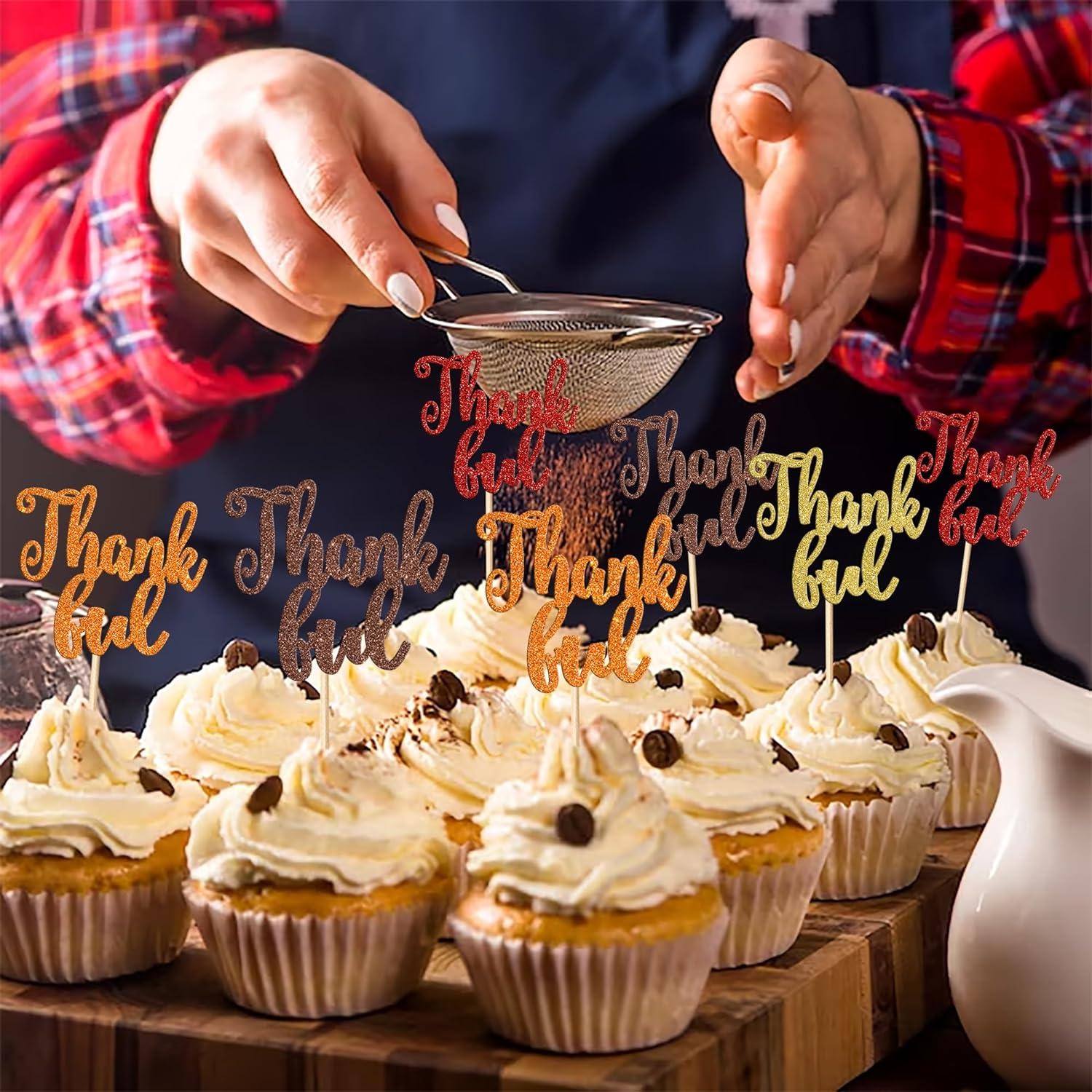 36 Pack Thankful Cupcake Toppers Glitter Thank You Cupcake Picks Thanksgiving Day Cupcake ...