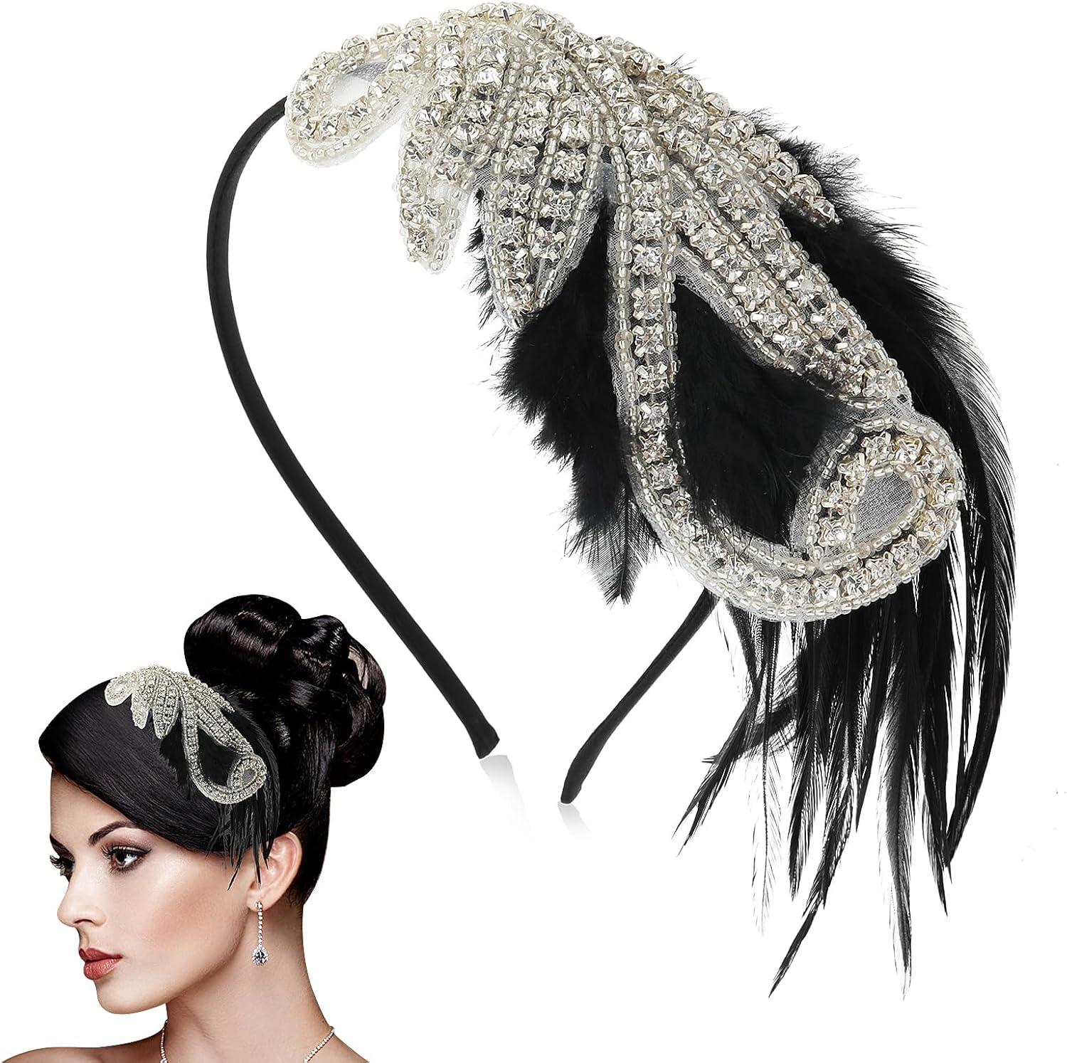 WLLHYF 1920s Flapper Headband Feather Beaded Vintage Headpiece