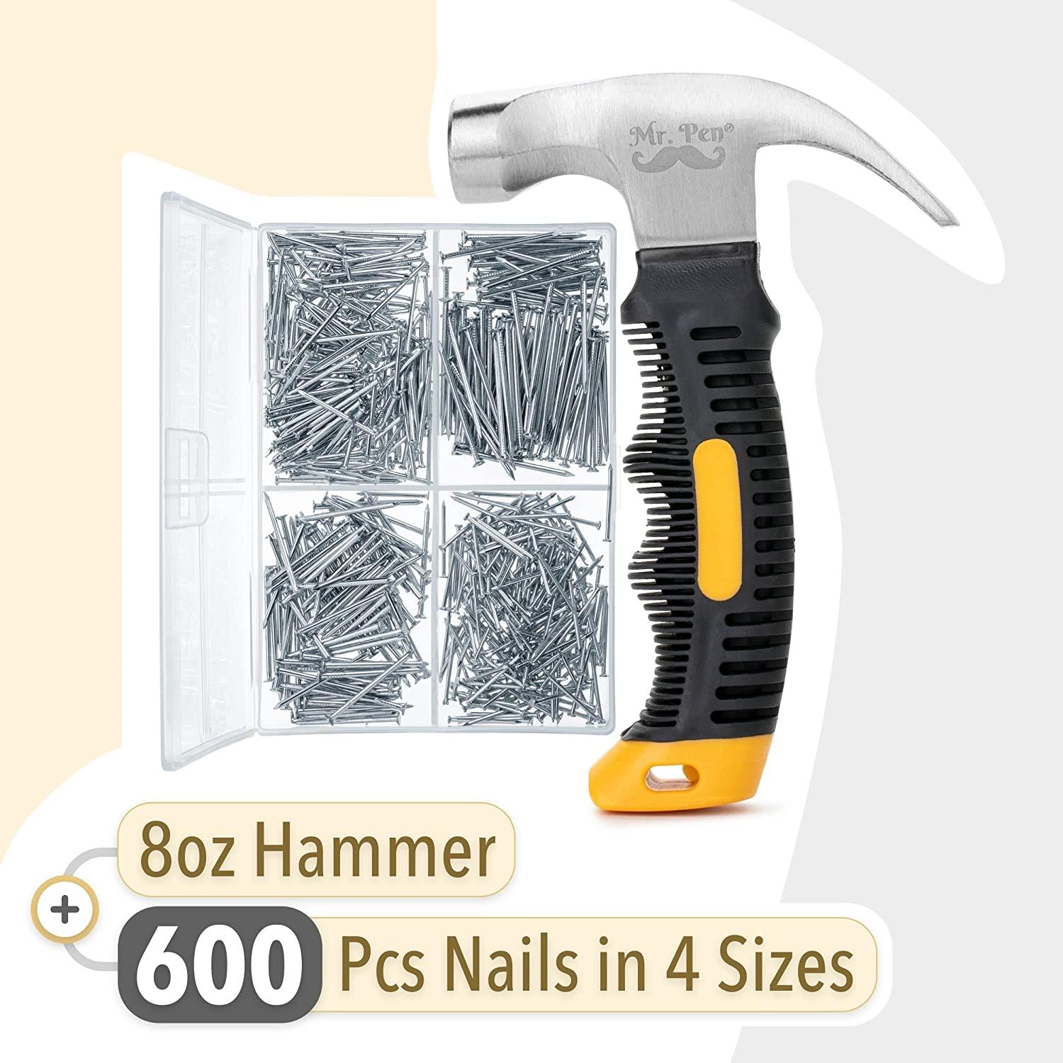 Mr. Pen- Nail Assortment Kit and 8oz Small Hammer, 600 Pcs Small Nails,  Wall Nails for Hanging, Hammer and Nails Set, Small Hammer for Picture  Hanging, Picture Hanging Kit, Picture Hanging Nails