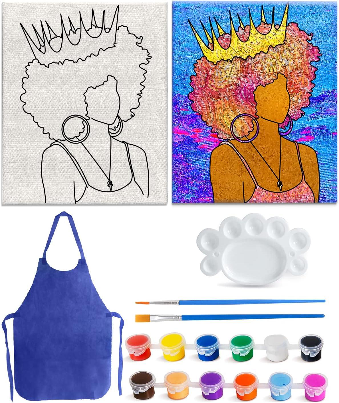 GetUSCart- Canvas Painting, Pre Drawn Stretched Cotton Canvas, Afro Queen  2, Birthday Gift, Adult Sip and DIY Paint Party Favor, Queen 2