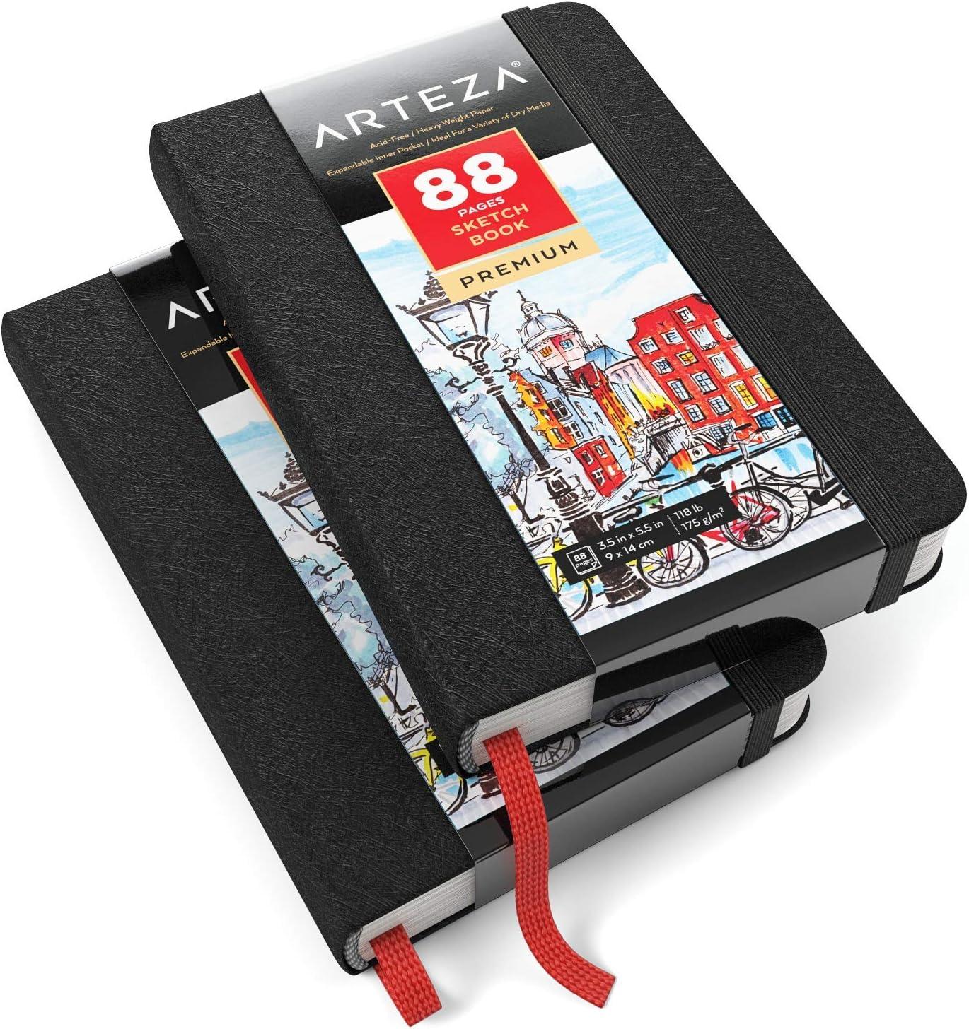 Arteza Small Sketch Book Pack of 2, 3.5 x 5.5 Inches Drawing Pad, 88-Page  Pocket Sketch Pads with 118lb Paper, Bookmark Ribbon, Inner Pocket, and  Elastic Strap, Drawing Book for Dry Media