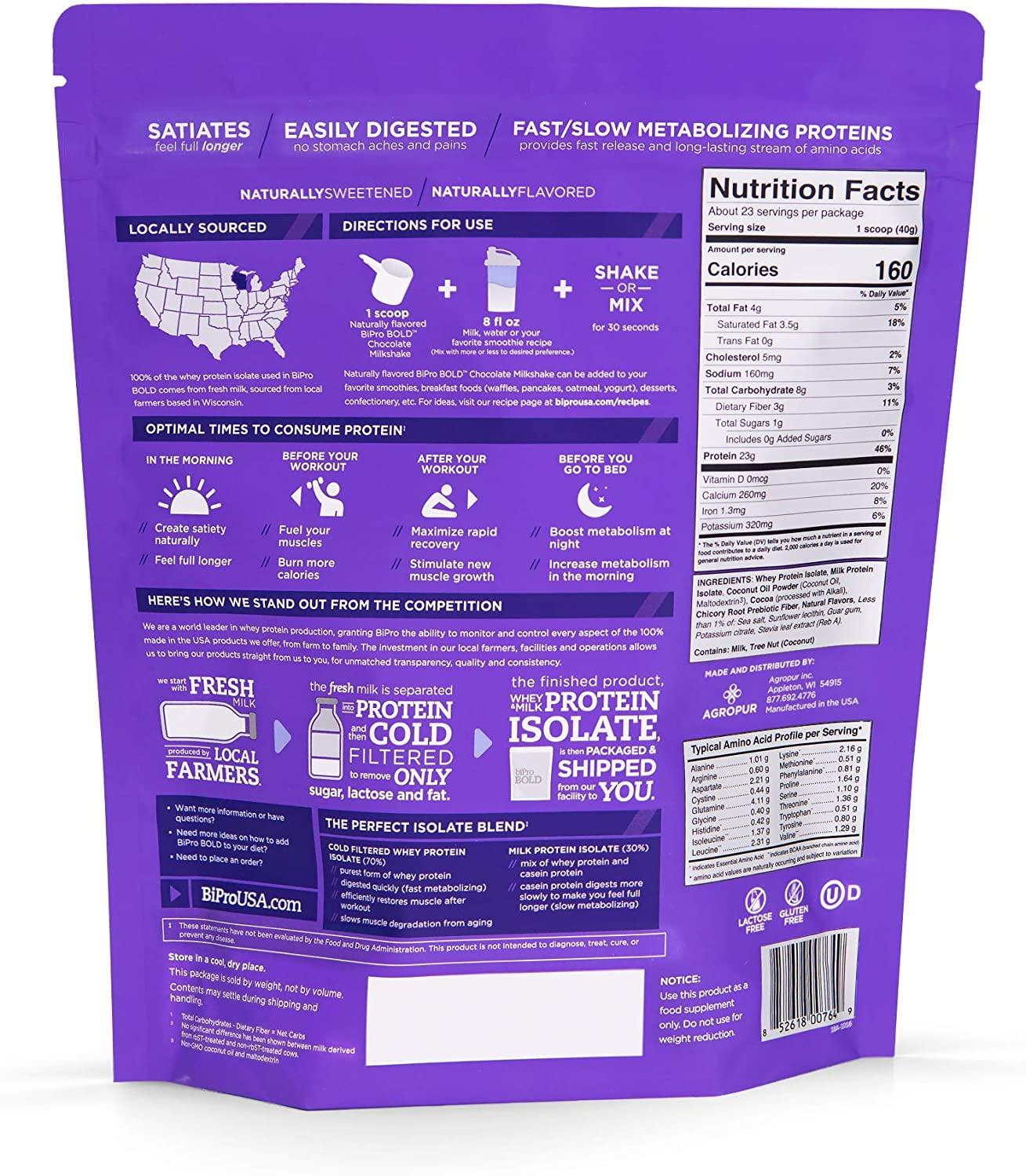 BiPro Bold Chocolate Milkshake Whey Protein Isolate Powder 2lb No