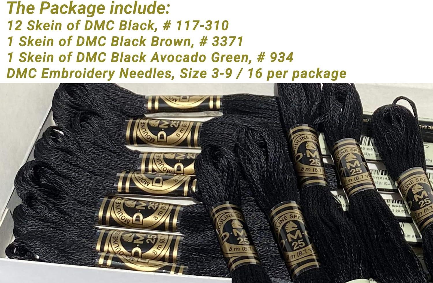 DMC Black Embroidery Floss ,6 Strand Cotton, Black Thread,12/Pack Bundle  with1Skein of Each DMC Black Brown and DMC Black Avocado with a Set of DMC