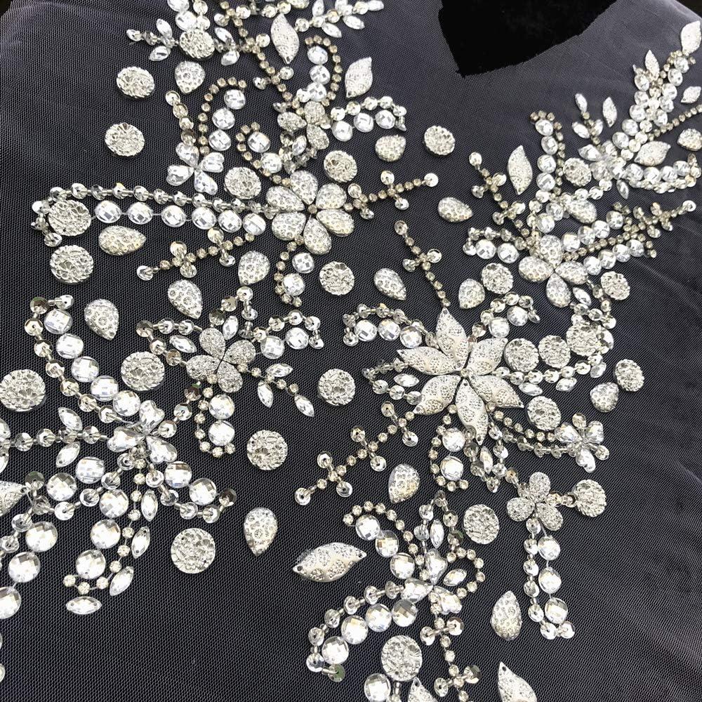 Sew on Sequin Crystal Rhinestones Beaded Clothes Appliques and Back Patches  for Sewing Clothes Wedding Bridal Dress Decorative (Silver 12x21 inch)  Silver 12x21 inch