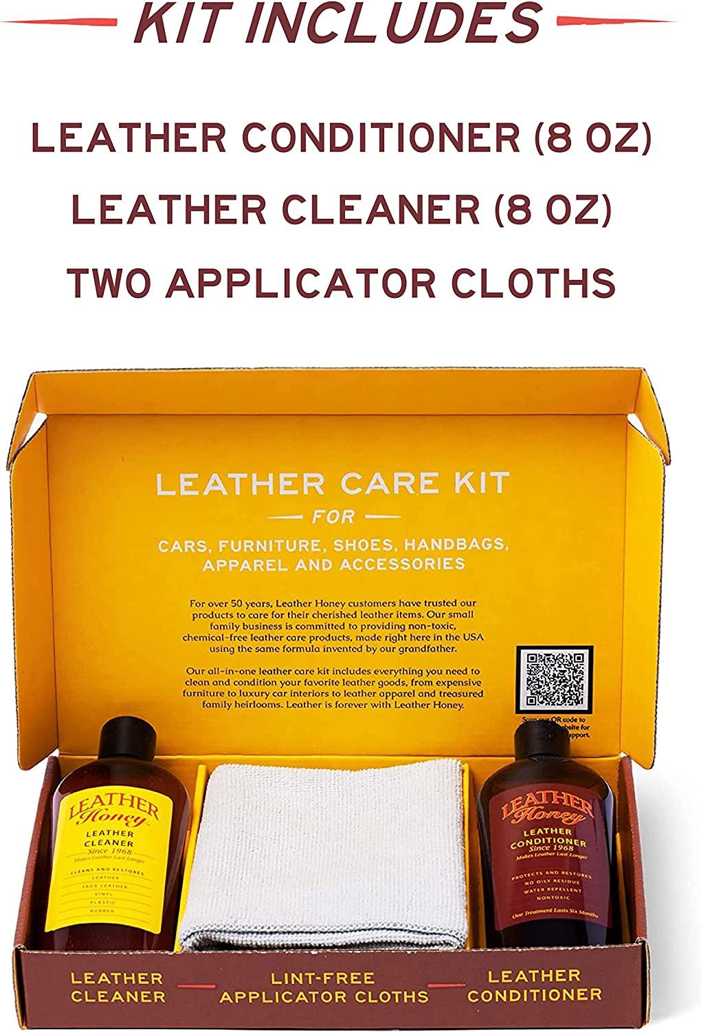Leather Honey Complete Leather Care Kit Including Leather Conditioner (8  oz), Leather Cleaner (8 oz) and Two Applicator Cloths for use on Leather  Apparel, Furniture, Auto Interiors, Shoes, Bags