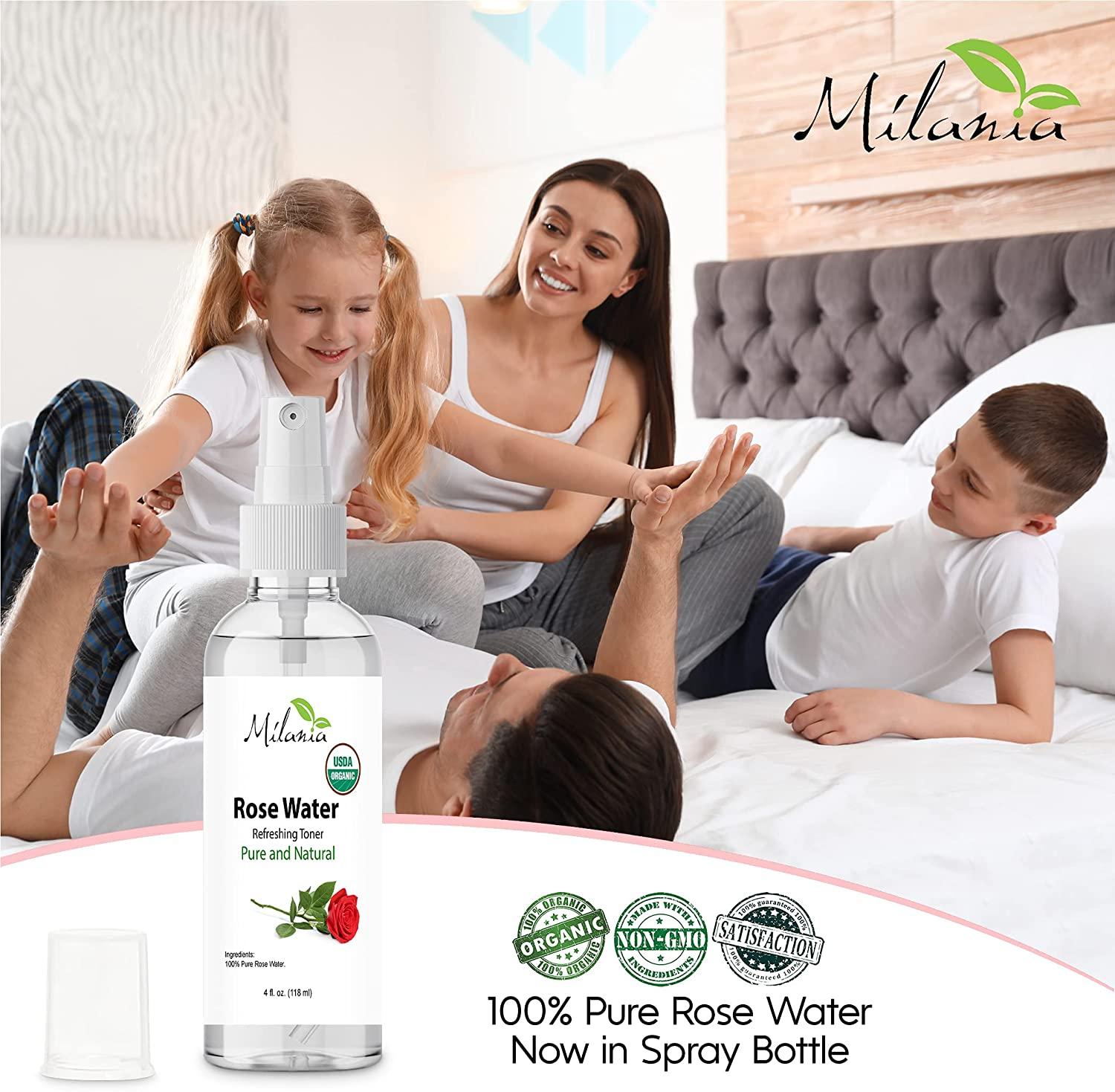 Milania Organic Rose Water Spray for Face and Hair 4 oz Natural