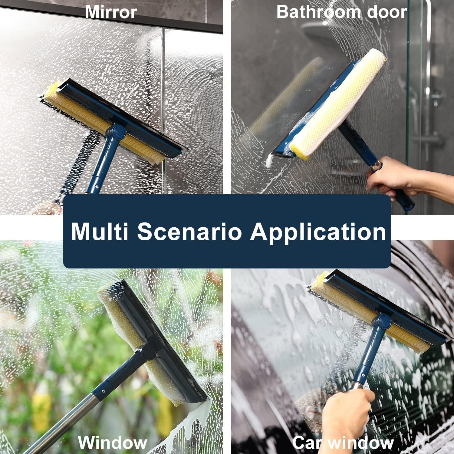 Multi-Use Window Squeegee with 56 Long Handle, 2 in 1 Window Cleaning  Tools with Dual Side Blade Rubber & Scrubber Sponge, Standard Professional  Squeegee for Car Windshield and Shower Door
