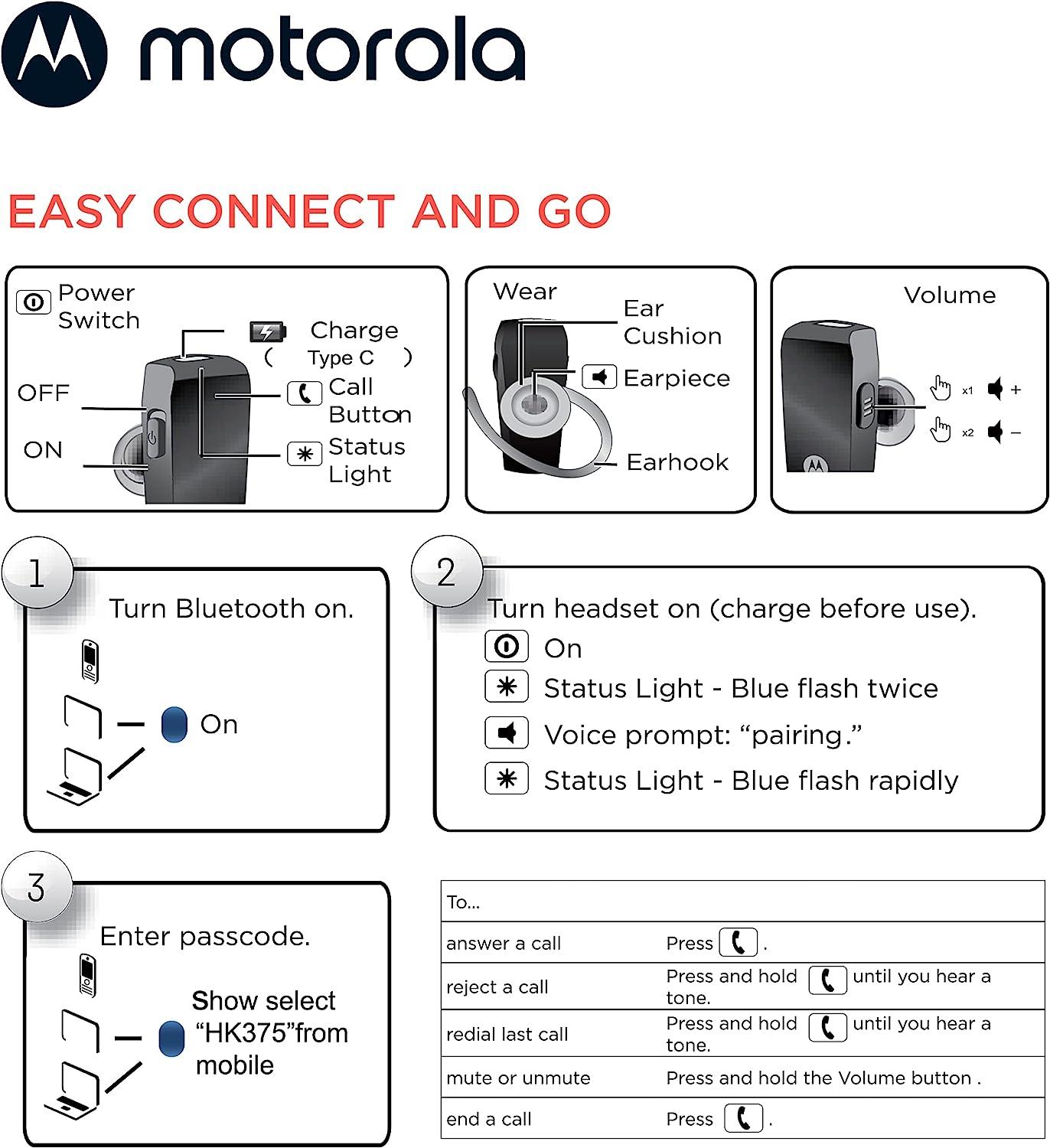 Motorola Bluetooth Earpiece HK385 in Ear Wireless Mono Headset