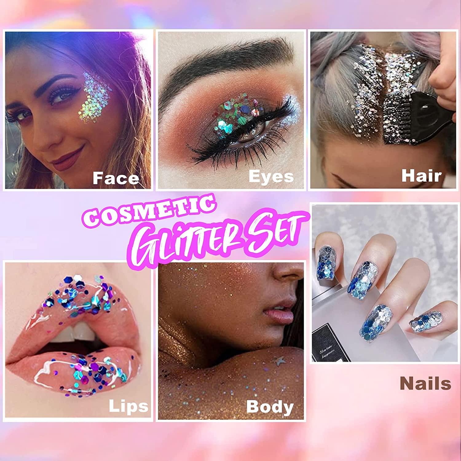 BELLEBOOST 12 Colors of Holographic Chunky Glitter No Glue Attached, 12 Pots Total 120g Multi-Shaped for Body Hair Face Eyes Make-Up, Nail Art and Bedazzling