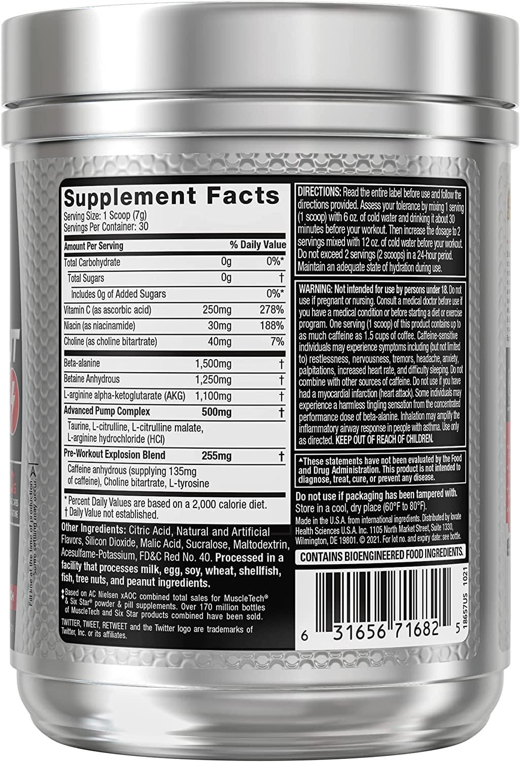 Six Star PreWorkout Explosion 30 Servings Fruit Punch US Made, CreatineFree